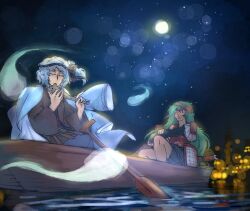 Rule 34 | androgynous, blue hair, blue skirt, boat, brown headband, city lights, closed eyes, colored eyelashes, fujiwara no iyozane, green hair, hairband, hakama, hakama short skirt, hakama skirt, headband, highres, jacket, jacket on shoulders, japanese clothes, len&#039;en, len'en, light blue hair, long hair, long sleeves, multiple others, night, night sky, open mouth, paddle, pointy ears, reactivate majestical imperial, red eyes, short hair, side ponytail, skirt, sky, speargsun, spirit, taira no fumikado, very long hair, water, watercraft, white jacket