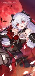 Rule 34 | 1girl, animal, bare shoulders, bat (animal), black dress, black thighhighs, chinese commentary, detached sleeves, dress, earrings, flower, full moon, hair between eyes, highres, honkai (series), honkai impact 3rd, jewelry, long hair, looking at viewer, theresa apocalypse (luna kindred), moon, nail polish, official art, official wallpaper, open mouth, red eyes, red flower, red moon, red rose, rose, solo, teeth, theresa apocalypse, theresa apocalypse (lunar vow: crimson love), thighhighs, torn clothes, upper teeth only, vampire, weapon, white hair