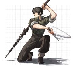 Rule 34 | 1boy, black pants, camouflage, camouflage shirt, collared shirt, dagger, harpoon, highres, holding, holding dagger, holding knife, holding weapon, knife, limbus company, long sleeves, male focus, on one knee, pants, project moon, satome setsuko, shirt, simple background, solo, suspenders, weapon, white background, yi sang (project moon)