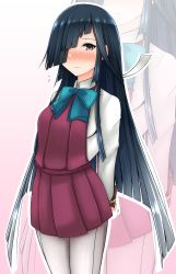 Rule 34 | 1girl, arms behind back, black hair, blue bow, blue bowtie, blush, bow, bowtie, closed mouth, cowboy shot, flying sweatdrops, full-face blush, gradient background, grey pantyhose, hair over one eye, hayashimo (kancolle), highres, kantai collection, light frown, long hair, long sleeves, looking at viewer, ootori subaru, pantyhose, pink background, pleated skirt, purple eyes, purple skirt, seamed legwear, shirt, side-seamed legwear, skirt, solo, standing, straight hair, sweatdrop, valentine, very long hair, white shirt, zoom layer