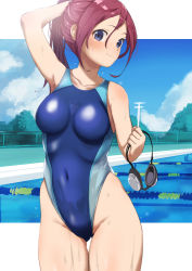 Rule 34 | 1girl, arm up, blue eyes, blue sky, blue one-piece swimsuit, breasts, closed mouth, cloud, collarbone, commentary request, competition swimsuit, covered navel, cowboy shot, day, doushimasho, gluteal fold, goggles, hair between eyes, hand in own hair, highleg, highleg swimsuit, holding, holding goggles, long hair, medium breasts, one-piece swimsuit, original, outdoors, outside border, ponytail, pool, purple hair, sky, smile, solo, standing, swimsuit, water, wet, wet hair