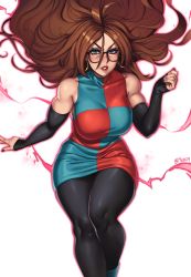 Rule 34 | 1girl, absurdres, android 21, aura, bare shoulders, black pantyhose, blue eyes, breasts, brown hair, checkered clothes, checkered dress, detached sleeves, dragon ball, dragon ball fighterz, dress, earrings, floating hair, glasses, hair between eyes, highres, hoop earrings, jewelry, large breasts, lips, long hair, looking at viewer, mootium, nail polish, pantyhose, skindentation, solo