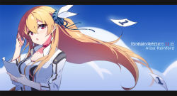 Rule 34 | 1girl, alisa reinford, blonde hair, breasts, character name, choker, cloud, cloudy sky, coat, copyright name, countdown, earrings, eiyuu densetsu, falcom, feather hair ornament, feathers, hair between eyes, feather hair ornament, jewelry, letterboxed, long hair, looking at viewer, medium breasts, open mouth, paper, red eyes, scrunchie, sen no kiseki, sen no kiseki iv, sharlorc, shirt, side ponytail, sky, solo, upper body, wind