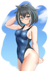 Rule 34 | 1girl, nanashi inc., absurdres, animare, black hair, blue hair, blue one-piece swimsuit, blue sky, breasts, cloud, commentary request, competition swimsuit, cowboy shot, glasses, green eyes, hair flaps, highres, looking at viewer, medium breasts, multicolored hair, one-piece swimsuit, oura rukako, sheryama, short hair, sky, solo, streaked hair, swimsuit, virtual youtuber, white hair