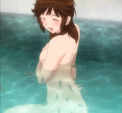 Rule 34 | 1girl, aic, amagami, bad tag, bathing, blush, breasts, brown eyes, brown hair, censored, cleavage, closed eyes, convenient censoring, covering breasts, covering privates, cuttlefish, female, highres, medium breasts, messy hair, nude, onsen, open mouth, partially submerged, sakurai rihoko, screencap, semi profile, sitting, smile, solo, water