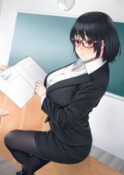 Rule 34 | 1girl, alternate costume, black hair, black pantyhose, black skirt, blush, breasts, classroom, closed mouth, glasses, highres, jacket, kantai collection, large breasts, long sleeves, looking at viewer, miniskirt, pantyhose, pencil skirt, red-framed eyewear, red eyes, shirt, short hair, sitting, skirt, solo, takao (kancolle), teacher, white shirt, zonda (solid air)