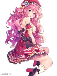 Rule 34 | 1girl, arm support, bare shoulders, black bow, bow, crying, detached sleeves, dress, floral print, frilled dress, frilled hat, frilled socks, frills, furyou michi ~gang road~, hair bow, hat, high heels, long hair, looking at viewer, open mouth, original, pink hair, print dress, puffy short sleeves, puffy sleeves, purple eyes, red dress, red hat, short sleeves, simple background, sitting, socks, solo, star (symbol), tears, text focus, two side up, very long hair, wavy mouth, white background, white socks, yellow bow, yeonwa