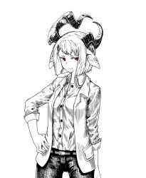 Rule 34 | 1girl, animal ears, asymmetrical horns, belt, bob cut, buttons, closed mouth, commentary request, dress shirt, greyscale, hand on own hip, horns, jacket, jaco, looking at viewer, monochrome, open clothes, open jacket, original, pants, pocket, red eyes, shirt, short hair, simple background, solo, spot color, standing, uneven horns, white background