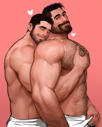 Rule 34 | 2boys, abs, bara, beard, body hair, bulge, chest hair, couple, dopey (dopq), facial hair, grabbing, head on another&#039;s shoulder, highres, large pectorals, male focus, manly, multiple boys, muscular, nipples, original, pectoral grab, pectorals, simple background, topless male, yaoi