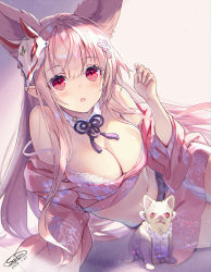 Rule 34 | 1girl, :o, animal, animal ears, argyle, arm support, bare shoulders, bra, breasts, chihuahua, cleavage, crop top, detached collar, dog, extra ears, fox ears, fox girl, fox mask, hair ornament, hand up, highres, large breasts, long hair, looking at viewer, mask, mask on head, midriff, miniskirt, navel, off shoulder, original, panties, parted lips, pink hair, pink shirt, pink skirt, pointy ears, red eyes, sanbasou, shirt, sitting, skirt, solo, stomach, strap slip, underwear, very long hair, white bra