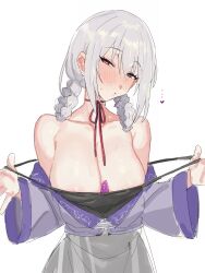 Rule 34 | 1girl, absurdres, bare shoulders, between breasts, blush, braid, breasts, cleavage, condom between breast, grey hair, hakase fuyuki, hakase fuyuki (4th costume), heart, heart-shaped pupils, highres, large breasts, looking at viewer, nijisanji, parted lips, red eyes, simple background, solo, suisogenshi, sweat, symbol-shaped pupils, twin braids, virtual youtuber, white background