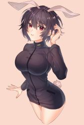 Rule 34 | 1girl, animal ears, arm at side, black hair, brave witches, breasts, cropped legs, doromaso, hair between eyes, hand in own hair, highres, impossible clothes, large breasts, rabbit ears, rabbit girl, rabbit tail, red eyes, shimohara sadako, short hair, smile, solo, tail, tan background, uniform, world witches series