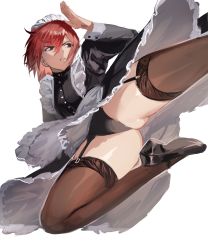 Rule 34 | 1girl, absurdres, apron, ass, black garter straps, brown eyes, brown thighhighs, dress, flying kick, garter straps, hanny (uirusu chan), high heels, highres, kicking, maid, maid apron, maid headdress, panties, pumps, red hair, shoes, short hair, thick thighs, thighhighs, thighs, underwear, upskirt, white background