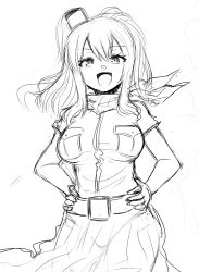 Rule 34 | 10s, 1girl, belt, breast pocket, cowboy shot, dress, greyscale, hands on own hips, highres, kantai collection, kirigakure (kirigakure tantei jimusho), lineart, long hair, looking at viewer, monochrome, neckerchief, open mouth, pocket, ponytail, saratoga (kancolle), side ponytail, solo