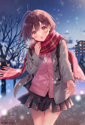 Rule 34 | 1girl, :o, antenna hair, backpack, bag, bare tree, blush, bow, bowtie, brown hair, building, cardigan, coat, commentary request, day, duffel coat, fukahire (ruinon), grey coat, heart, highres, long sleeves, looking at viewer, miniskirt, open clothes, open coat, open mouth, orange eyes, original, outdoors, outstretched hand, park, pillow, pink bow, pink bowtie, pink cardigan, plaid, plaid scarf, plaid skirt, pleated skirt, red scarf, scarf, short hair, skirt, solo, thigh gap, tree, twitter username