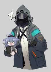 Rule 34 | 1girl, 1other, animal ears, arknights, black gloves, black jacket, blue hair, cat ears, cat tail, crying, crying with eyes open, doctor (arknights), gloves, grey background, gun, handgun, holding, holding gun, holding person, holding weapon, hood, hooded jacket, jacket, jessica (arknights), long hair, long sleeves, odmised, open clothes, open jacket, open mouth, pistol, ponytail, shirt, simple background, sweatdrop, tail, tears, upper body, weapon