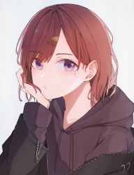 Rule 34 | 1girl, black jacket, expressionless, frown, hair ornament, hairpin, hand on own cheek, hand on own face, highres, higuchi madoka, hood, hoodie, idolmaster, idolmaster shiny colors, jacket, long sleeves, looking at viewer, mole, mole under eye, open clothes, open jacket, red hair, short hair, simple background, solo, upper body, viewran, white background