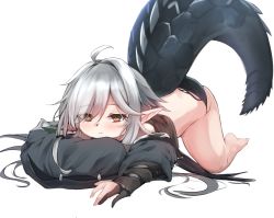 Rule 34 | 1girl, :&lt;, absurdres, ahoge, aoinu (aoinu 99), arknights, black panties, black shirt, commentary, crocodilian tail, crop top, full body, gloves, grey hair, highres, looking at viewer, panties, partially fingerless gloves, pillow, pointy ears, shirt, short hair, simple background, skindentation, solo, tail, thighs, tomimi (arknights), top-down bottom-up, underwear, white background, yellow eyes