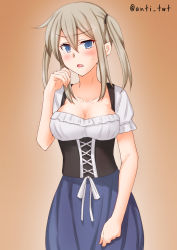 Rule 34 | 1girl, anti (untea9), blonde hair, blouse, blue skirt, blush, bodice, breasts, brown background, cleavage, collarbone, commentary request, dirndl, embarrassed, german clothes, gradient background, graf zeppelin (kancolle), grey eyes, hair between eyes, highres, kantai collection, large breasts, long hair, open mouth, puffy short sleeves, puffy sleeves, shirt, short sleeves, sidelocks, skirt, solo, sweatdrop, traditional clothes, twintails, twitter username, underbust, white shirt