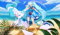 Rule 34 | 1girl, absurdres, atuhi, beach, blue eyes, blue hair, blue sky, cloud, colored eyelashes, corphish, creatures (company), dive ball, game freak, gen 1 pokemon, gen 3 pokemon, gen 7 pokemon, hatsune miku, highres, long hair, nintendo, ocean, poke ball, pokemon, pokemon (creature), primarina, project voltage, rainbow, shellder, sky, starfish hair ornament, swablu, swimsuit, twintails, very long hair, visor cap, vocaloid, wailord, water miku (project voltage)