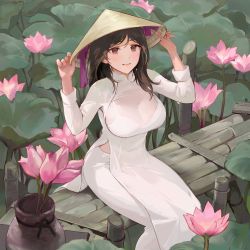 Rule 34 | 1girl, black hair, bra, bralines, breasts, brown eyes, chowbie, commentary, dress, english commentary, flower, hat, long hair, looking at viewer, original, outdoors, plant, rice hat, see-through, sitting, solo, underwear, vase, vietnamese dress, white bra, white dress, white flower
