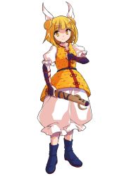 Rule 34 | 1girl, alphes (style), armor, blonde hair, bloomers, blue footwear, blunt bangs, boots, clenched hand, closed mouth, commentary request, dairi, double bun, full body, hair bun, hair ribbon, hand on own chest, haniwa (statue), highres, holding, joutouguu mayumi, looking at viewer, medium hair, parody, puffy short sleeves, puffy sleeves, red ribbon, ribbon, shirt, short sleeves, smile, solo, standing, style parody, tachi-e, touhou, transparent background, underwear, vambraces, white bloomers, white ribbon, white shirt, yellow eyes