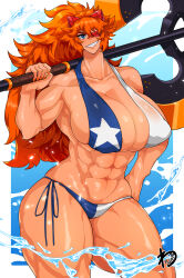 Rule 34 | 1girl, abs, artist name, axe, bikini, blue eyes, breasts, bursting breasts, collarbone, commission, contrapposto, covered erect nipples, cowboy shot, eyepatch, female focus, grin, hand on own hip, head tilt, headgear, highres, holding, holding weapon, huge breasts, huge weapon, long hair, navel, orange hair, orange nails, original, over shoulder, ponytail, sharp teeth, shiny skin, skeb commission, smile, solo, standing, star (symbol), string bikini, swimsuit, teeth, texas flag, thick thighs, thighs, warawaranka, water, weapon, weapon over shoulder, wide hips, zess (zesty jesus)