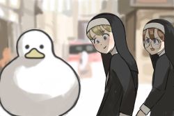 Rule 34 | angry, bird, black dress, blonde hair, blue eyes, blurry, blurry background, brown hair, clumsy nun (diva), depth of field, distracted boyfriend (meme), diva (hyxpk), dress, duck, glasses nun (diva), habit, highres, little nuns (diva), long sleeves, looking at another, meme, nun, open mouth, original, outdoors, round eyewear, smile, smiley face, traditional nun, veil