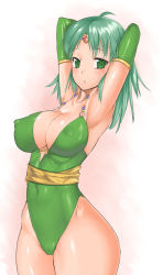 Rule 34 | 1990s (style), 1girl, armpits, breasts, cleavage, covered erect nipples, elbow gloves, final fantasy, final fantasy iv, gloves, gradient background, green eyes, green hair, hip focus, large breasts, leotard, matching hair/eyes, nagase haruhito, nipples, retro artstyle, rydia (ff4), solo, wide hips