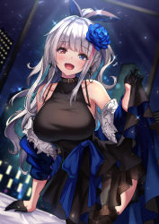 Rule 34 | 1girl, :d, black dress, black gloves, blue eyes, blurry, blurry background, blush, breasts, cenangam, choker, collarbone, commentary request, cross, cross earrings, dress, earrings, flower, garter straps, girls&#039; frontline, gloves, grey hair, hair flower, hair ornament, hair ribbon, half gloves, heart, heart-shaped pupils, heavy breathing, heterochromia, highres, indoors, jewelry, long hair, looking at viewer, mdr (cocktail observer) (girls&#039; frontline), mdr (girls&#039; frontline), multicolored hair, night, off shoulder, official alternate costume, one side up, open mouth, pink eyes, pink hair, ribbon, sidelocks, smile, solo, sparkle, streaked hair, sweat, symbol-shaped pupils, thighhighs, window