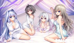 Rule 34 | 4girls, :3, absurdres, ahoge, amatsuji, aqua dress, arm support, ass, back, bare legs, bare shoulders, barefoot, bed, bed sheet, black hair, blue eyes, blue hair, blunt bangs, blush, bow, breasts, brown hair, canopy bed, cleavage, clenched hands, collar, collarbone, crossed legs, dot nose, dress, eyebrows hidden by hair, eyelashes, frilled dress, frills, fringe trim, full body, furrowed brow, grey hair, hair between eyes, hair intakes, hair over shoulder, hand on own arm, hand on own foot, hand on own knee, highres, holding own arm, holding own foot, kneeling, kousaka haruka, kujou miyako, kyokugen dasshutsu, kyokugen dasshutsu: 9 jikan 9 nin 9 no tobira, large breasts, leaning to the side, legs up, long hair, long legs, long sleeves, looking at viewer, loungewear, lying, multiple girls, naked shirt, niimi sora, off shoulder, on stomach, open mouth, purple eyes, purple ribbon, red eyes, ribbon, sample watermark, shadow, shirt, short hair with long locks, sidelocks, sleeves past wrists, small breasts, smile, spiked hair, thighs, v-shaped eyebrows, very long hair, watermark, wavy hair, white bow, white collar, white shirt, yuuki noa