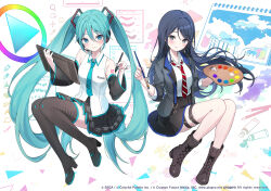 Rule 34 | 2girls, absurdly long hair, aqua eyes, aqua hair, aqua necktie, black footwear, black hair, black jacket, black skirt, black sleeves, blazer, blue hair, blush, boots, breasts, closed mouth, color picker, commentary request, company name, copyright notice, detached sleeves, full body, gradient hair, hatsune miku, highres, holding, holding paintbrush, holding palette, holding stylus, holding tablet pc, hoshino ichika (project sekai), jacket, long hair, looking at viewer, medium breasts, multicolored hair, multiple girls, necktie, notebook, number tattoo, paint tube, paintbrush, palette (object), pencil, pleated skirt, project sekai, rangu, red necktie, shirt, shoulder tattoo, simple background, skirt, sleeveless, sleeveless shirt, smile, striped necktie, stylus, tablet pc, tattoo, thigh boots, thigh strap, very long hair, watercolor effect, white background, white necktie, window (computing)
