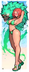 Rule 34 | 1girl, 1other, arm behind head, armpits, arrow (symbol), beach, bikini, blue eyes, breasts, covered erect nipples, cross, dark-skinned female, dark skin, facial mark, forehead mark, full body, ginseng (xin), giovanna (guilty gear), glasses, green bikini, green footwear, green fur, guilty gear, guilty gear strive, highres, large breasts, long legs, navel, ocean, opaque glasses, parted bangs, pink-tinted eyewear, puckered lips, recycling symbol, red-framed eyewear, red-tinted eyewear, red hair, rei (guilty gear), round eyewear, sandals, short hair, solo focus, sparkle, strap gap, sunglasses, swimsuit, thighs, tinted eyewear, tiptoes, toes, toned, wolf