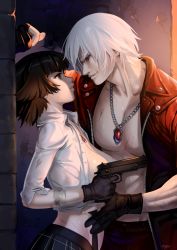 Rule 34 | 1boy, 1girl, abs, against wall, bad id, bad tumblr id, bandages, blouse, breasts, breasts out, brown eyes, brown hair, capcom, dante (devil may cry), devil may cry, devil may cry (series), devil may cry 3, dirty, eye contact, gun, handgun, jacket, jewelry, kabedon, lady (devil may cry), looking at another, medium breasts, necklace, nipple slip, nipples, no bra, open clothes, open jacket, open shirt, optionaltypo, parted lips, pectorals, shirt, silver hair, skirt, smile, sweat, weapon
