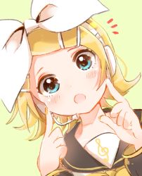 Rule 34 | 1girl, :o, ^^^, aqua eyes, bad id, bad twitter id, black collar, blonde hair, blush, bow, collar, commentary, dutch angle, fingers to cheeks, green background, hair bow, hair ornament, hairclip, headphones, headset, highres, index finger raised, kagamine rin, looking at viewer, nail polish, open mouth, portrait, sailor collar, school uniform, shirt, short hair, smile, solo, swept bangs, treble clef, vocaloid, white bow, white shirt, yellow nails, yellow neckwear, yomigi