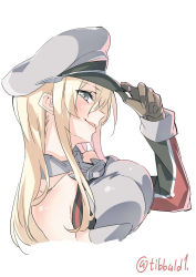 Rule 34 | 1girl, arm up, bismarck (kancolle), black eyes, blonde hair, breasts, brown gloves, ebifurya, from side, gloves, hand on headwear, hat, hat tip, highres, kantai collection, large breasts, long hair, long sleeves, looking at viewer, open mouth, peaked cap, profile, sidelocks, simple background, solo, twitter username, upper body, white background