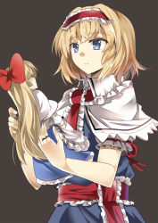 Rule 34 | 1girl, alice margatroid, blonde hair, blue dress, blue eyes, capelet, dress, e.o., expressionless, grey background, hair ribbon, hairband, highres, jewelry, lolita hairband, long sleeves, puffy short sleeves, puffy sleeves, puppet rings, ribbon, ring, sash, shanghai doll, short sleeves, solo, touhou