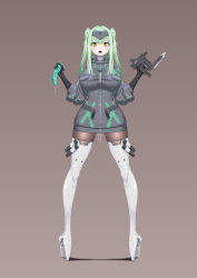 1girl absurdres ballet_boots boots breasts bzs_(kage_no_shinobu) dildo finger_on_trigger forehead_protector full_body gradient_background green_hair gun highres holding holding_gun holding_weapon large_breasts looking_at_viewer open_mouth original pigeon-toed pointy_ears pussy_juice sex_toy solo standing straight-on thigh_boots twintails weapon yellow_eyes