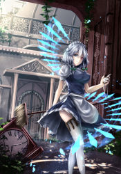 Rule 34 | 1girl, apron, blue dress, bow, braid, breasts, closed mouth, cowboy shot, dappled sunlight, day, dress, gate, green bow, grey eyes, hair between eyes, hair bow, heterochromia, highres, holster, izayoi sakuya, knife, large breasts, looking at viewer, maid, maid headdress, plant, pocket watch, puffy short sleeves, puffy sleeves, red eyes, roman numeral, scarlet devil mansion, short hair, short sleeves, silver hair, sinkai, smile, solo, standing, sunlight, thigh holster, thighhighs, touhou, twin braids, vines, waist apron, watch, white thighhighs