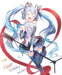 Rule 34 | 1girl, 2017, ^ ^, bad id, bad twitter id, black footwear, black skirt, blue hair, blush, boots, character name, closed eyes, collared shirt, dated, detached sleeves, facing viewer, grey shirt, happy birthday, hatsune miku, heart, highres, holding, long hair, microphone stand, open mouth, pleated skirt, shirt, simple background, skirt, smile, solo, teeth, thigh boots, thighhighs, thighs, twintails, umibouzu (niito), very long hair, vocaloid, white background, zettai ryouiki