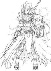 Rule 34 | 1girl, alternate costume, armor, breastplate, closed mouth, greaves, greyscale, hatching (texture), headgear, highres, holding, holding polearm, holding spear, holding weapon, kaho (amal135), league of legends, leona (league of legends), long hair, monochrome, pauldrons, polearm, shield, shoulder armor, simple background, sketch, solo, spear, spikes, standing, torn, torn clothes, vambraces, weapon, white background