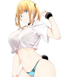 Rule 34 | 1girl, bebebe (pepegakii), blonde hair, blue eyes, blue panties, breasts, collar, cowboy shot, crop top, highres, large breasts, midriff, navel, off-shoulder shirt, off shoulder, original, panties, parted lips, rabbit tail, shirt, short twintails, simple background, solo, tail, twintails, underwear, white background, wide-eyed, wrist cuffs