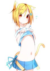 Rule 34 | 1girl, animal ears, bare shoulders, belt, blonde hair, blush, cat ears, cat tail, clothes lift, embarrassed, flying sweatdrops, fujiwara gacho, hair ornament, hairclip, highres, looking at viewer, midriff, navel, original, panties, red eyes, see-through, shirt lift, short hair, simple background, skirt, solo, tail, underwear, undressing
