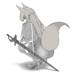 Rule 34 | 1girl, absurdres, animal ear fluff, animal ears, arknights, ass, clothing cutout, elbow gloves, extra ears, fox ears, fox girl, fox tail, franka (arknights), from behind, full body, gloves, greyscale, hand on own cheek, hand on own face, high heels, highres, kyoro (kyoroillust), long hair, looking at viewer, looking back, monochrome, sheath, sheathed, shirt, short sleeves, skirt, solo, squatting, sword, tail, tail through clothes, thighhighs, weapon, zettai ryouiki