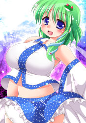 Rule 34 | 1girl, bare shoulders, belly, blue eyes, blush, breasts, detached sleeves, female focus, frog hair ornament, green hair, hair ornament, huge breasts, japanese clothes, kochiya sanae, large breasts, looking at viewer, miko, navel, open mouth, panties, plump, sagano mito, skirt, smile, snake hair ornament, solo, touhou, underwear, white panties