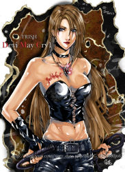 Rule 34 | 00s, 1girl, akuhen, bare shoulders, belt, black nails, blood, blue eyes, body writing, breasts, bridal gauntlets, brown hair, capcom, choker, cleavage, corset, crop top, devil may cry (series), earrings, hoop earrings, image sample, jewelry, large breasts, leather, lipstick, long hair, makeup, midriff, nail polish, necklace, pendant, solo, strapless, trish (devil may cry), tube top, very long hair, whip