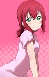 Rule 34 | 1girl, alternate hairstyle, bad id, bad pixiv id, blush, dress, green eyes, highres, icehotmilktea, kurosawa ruby, looking at viewer, love live!, love live! sunshine!!, low twintails, medium hair, pink background, pink dress, red hair, short sleeves, sidelocks, smile, solo, twintails