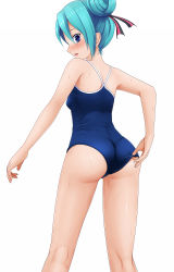 Rule 34 | 1girl, adjusting clothes, adjusting swimsuit, ass, blue eyes, blue hair, blush, competition school swimsuit, eto, from behind, hair bun, hair up, hatsune miku, highres, looking back, mole, one-piece swimsuit, school swimsuit, simple background, single hair bun, solo, swimsuit, vocaloid, water drop, wedgie, wet