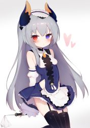 Rule 34 | 1girl, absurdres, apron, bare shoulders, black nails, black thighhighs, blue dress, blush, closed mouth, commentary request, detached sleeves, dress, fingernails, garter straps, gradient background, grey background, grey hair, heart, heterochromia, highres, holding, horns, long hair, long sleeves, nail polish, original, puffy detatched sleeves, puffy long sleeves, puffy sleeves, purple eyes, red eyes, sleeveless, sleeveless dress, sleeves past wrists, solo, thighhighs, tomo (ryo i so ), very long hair, waist apron, white apron, white background, white sleeves