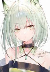 Rule 34 | 1girl, :o, animal ear fluff, animal ears, arknights, bare shoulders, buckle, cat ears, collar, collarbone, dated, dress, green dress, grey hair, halter dress, halterneck, head tilt, highres, kal&#039;tsit (arknights), looking at viewer, ookamisama, parted lips, short hair, signature, simple background, solo, upper body, white background, yellow eyes